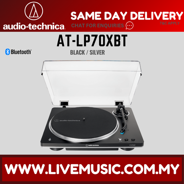 Black and silver wireless belt-drive turntable with lid open and tonearm