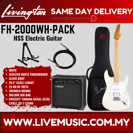 Livingston FH-2000-Pack Stratocaster HSS Electric Guitar w/GA15II Amplifier, Roasted Maple Fretboard - White( FH2000 FH 2000 )