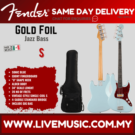 Fender Gold Foil Jazz Bass 4-String Bass Guitar, Ebony FB, Sonic Blue