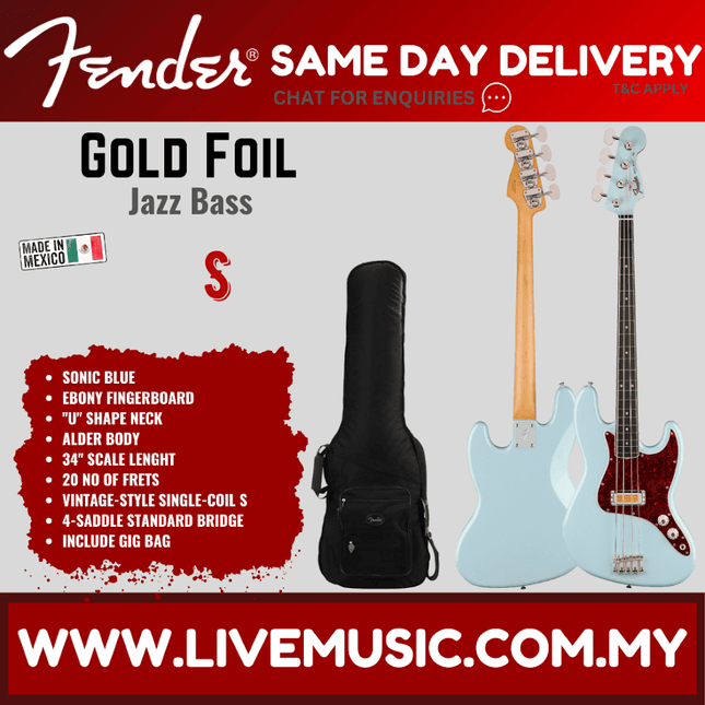 Sonic blue 4-string Jazz bass guitar with gold foil detailing and ebony fingerboard