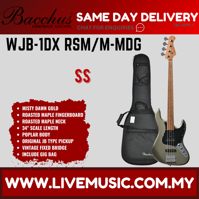 Roasted maple electric bass guitar with Misty Dawn Gold finish and included black gig bag