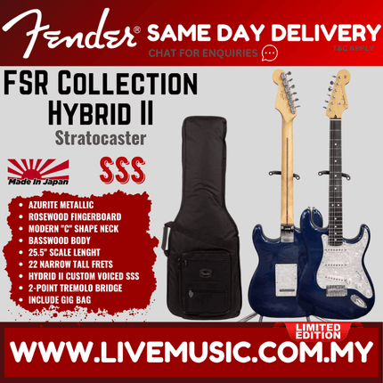 Fender Japan FSR Collection Hybrid II Stratocaster Electric Guitar, RW Fretboard, Azurite Metallic