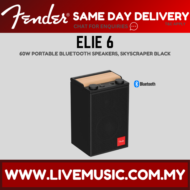 Portable Bluetooth speaker with black cabinet, wood top, and front speaker grille