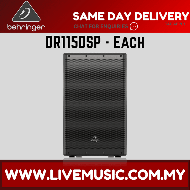 Black 15-inch powered speaker with perforated grille and control panel on top