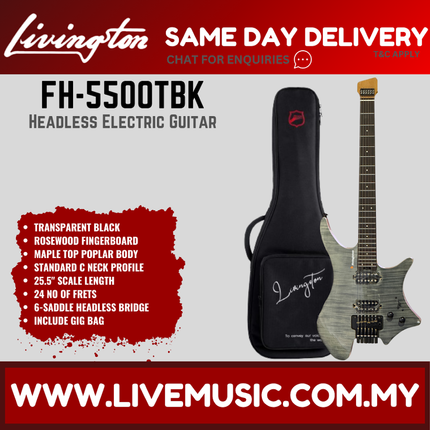 Livingston FH-5500 6-String Headless Electric Guitar w/GA15II, RW Fretboard/Maple Fretboard -Black ( FH5500 FH 5500)