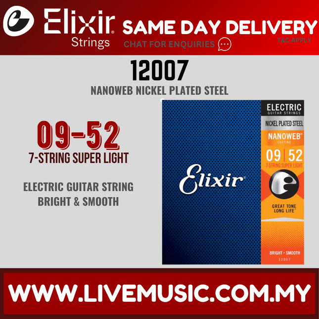 Elixir 12007 Nanoweb Super Light 7-String Electric Guitar Strings 9-52