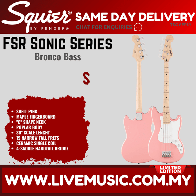 Shell pink Squier FSR Sonic Bronco bass guitar with maple fretboard, hardtail bridge