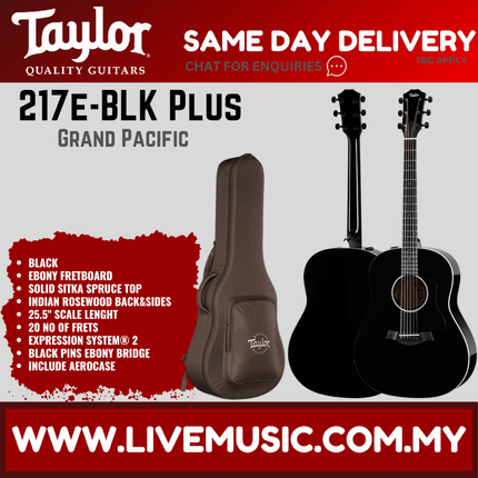 Taylor 217e-BLK Plus Grand Pacific Acoustic Guitar w/Case, Black
