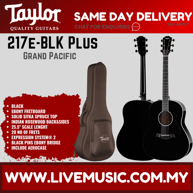 Black acoustic guitar with padded gig bag, Taylor 217E-BLK Plus style set