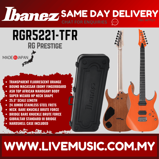 Ibanez Prestige RGR5221-TFR Electric Guitar, Transparent Fluorescent Orange ( RGR5221 TFR / RGR5221TFR )