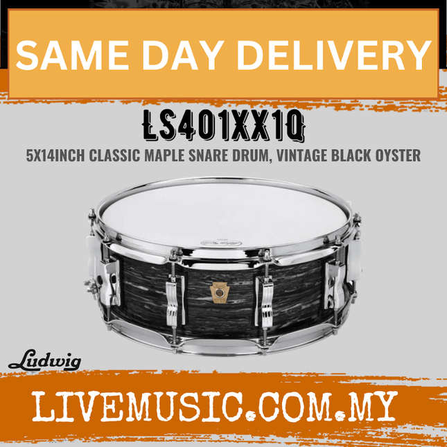 Ludwig LS401XX1Q 5x14inch Classic Maple Snare Drum, Vintage Black Oyster