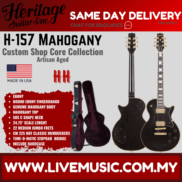 Heritage Custom Shop Core Collection H-157 Mahogany Top Electric Guitar with Case, Ebony, Artisan Aged ( H157 H 157 )
