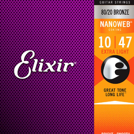Elixir 11002 Nanoweb 80/20 Bronze Acoustic Guitar Strings, Extra Light (10-47)