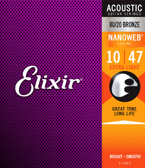 Elixir 11002 Nanoweb 80/20 Bronze Acoustic Guitar Strings, Extra Light (10-47)