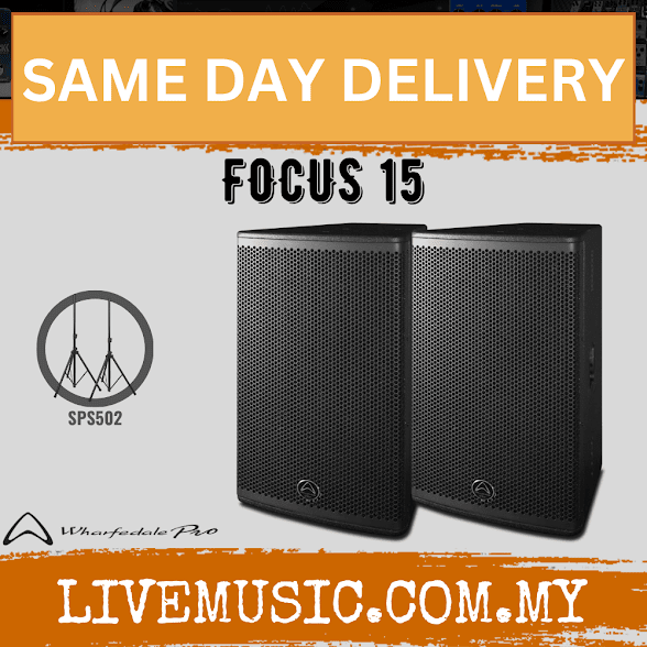 Pair of black 15-inch passive 2-way loudspeakers with grille faces