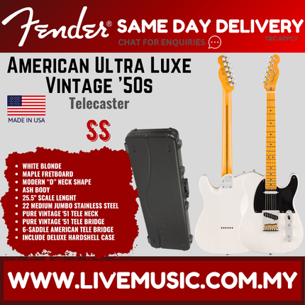 Fender American Ultra Luxe Vintage 50s Telecaster Electric Guitar, Maple FB, White Blonde