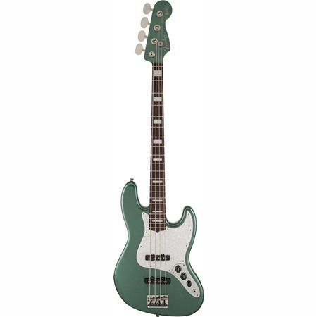 Teal 4-string jazz bass guitar with white pickguard and maple neck