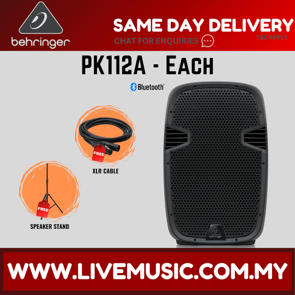 Behringer PK112A Active 600W 12" PA Speaker System with Bluetooth w/Shure SV100 Vocal Microphone, Speaker Stand and Cable - Each ( PK-112A / PK 112A )