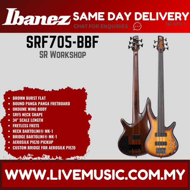 Ibanez SRF705 Workshop Series Fretless 5-Strings Bass Guitar - Brown Burst Flat (SRF705-BBF)