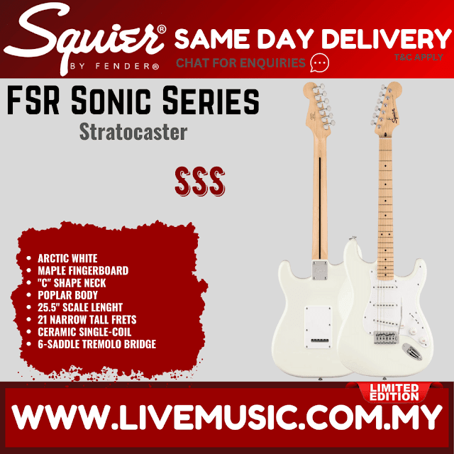 Squier FSR Sonic Stratocaster Electric Guitar w/White Pickguard, Maple FB, Arctic White