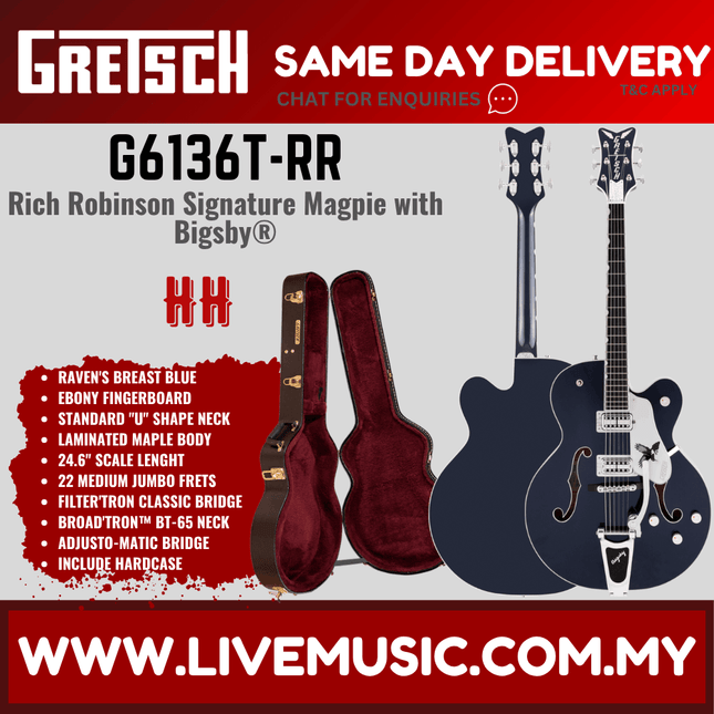 Gretsch G6136T-RR Rich Robinson Signature Falcon Electric Guitar w/Bigsby, Ebony FB, Raven's Breast