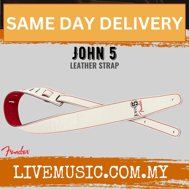 Leather guitar strap, cream with red lining and John 5 patch