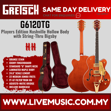 Gretsch G6120TG Players Edition Nashville Hollowbody Electric Guitar w/Bigsby, Orange Stain