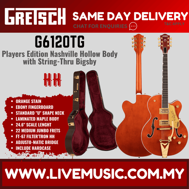 Gretsch G6120TG Players Edition Nashville Hollowbody Electric Guitar w/Bigsby, Orange Stain