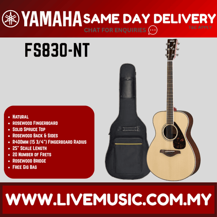 Yamaha FS830 Concert Acoustic Guitar w/Bag - Natural (FS-830 FS 830)