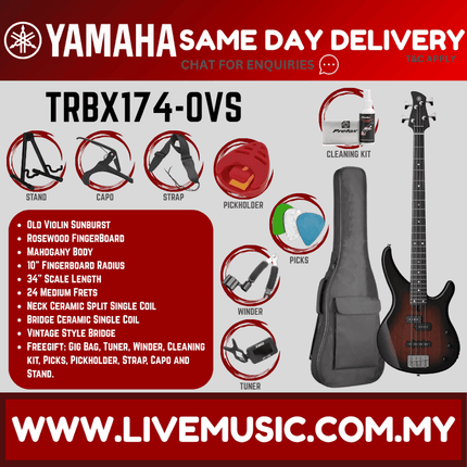 Yamaha TRBX174 4-string Electric Bass Guitar Package - Old Violin Sunburst ( TRBX 174 / TRBX-174 )