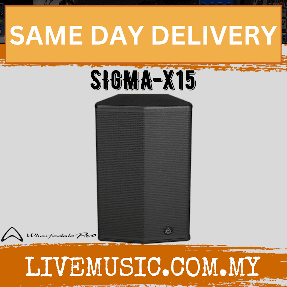 Black loudspeaker cabinet with textured front grille and small round logo at bottom