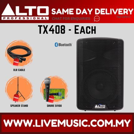 Alto TX408 8" Powered Loudspeaker w/Mic, Speaker Stand and Cable - Each / Pair ( TX-408 TX 408 ) Replace TX308 TX-308