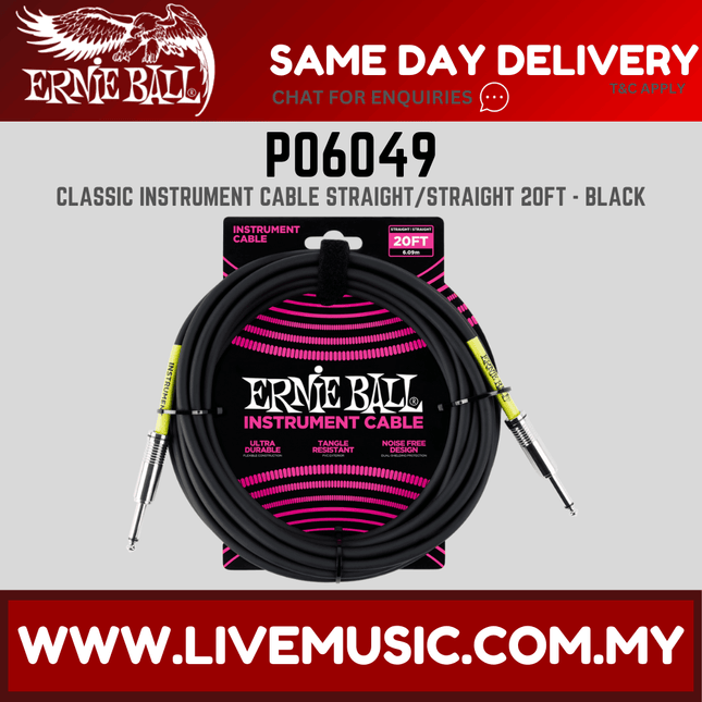 Ernie Ball 6046 Straight to Straight Instrument Cable, Black, 20ft