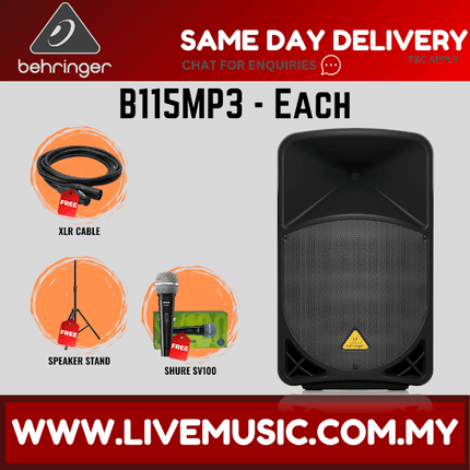 Behringer Eurolive B115MP3 1000W 15"Powered Speaker w/Wireless Mic,Speaker Stand & Cable - Each/Pair (B-115MP3 B 115MP3)
