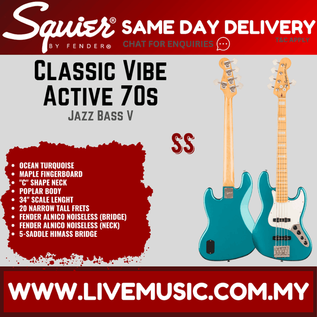 Squier Classic Vibe Active 70s Jazz Bass V Guitar, Maple FB, Ocean Turquoise