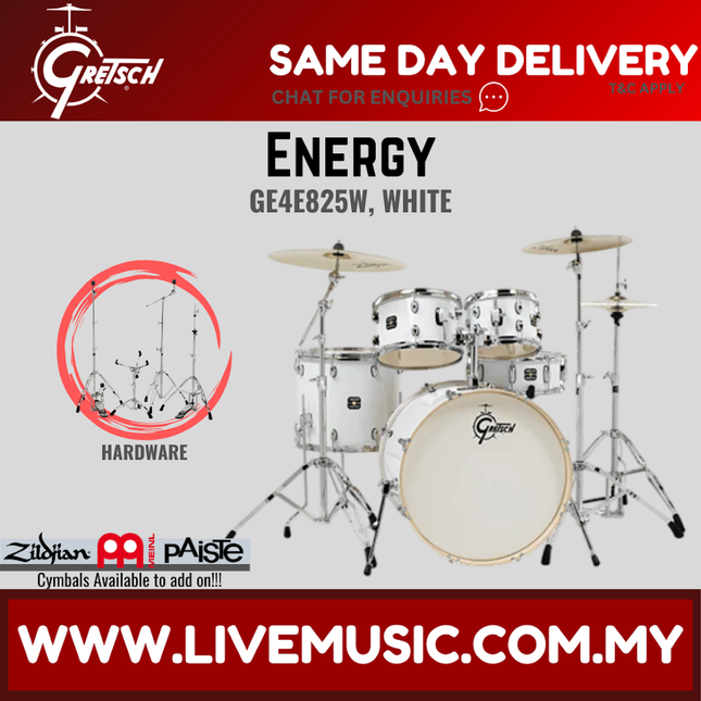 White 5-piece Gretsch drum set with cymbals and full hardware kit