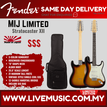 Fender MIJ Limited Stratocaster XII Electric Guitar, RW FB, 3-Color Sunburst