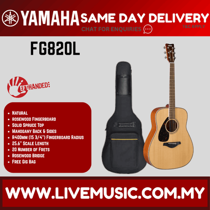 Left-handed acoustic guitar, natural wood finish with black gig bag.