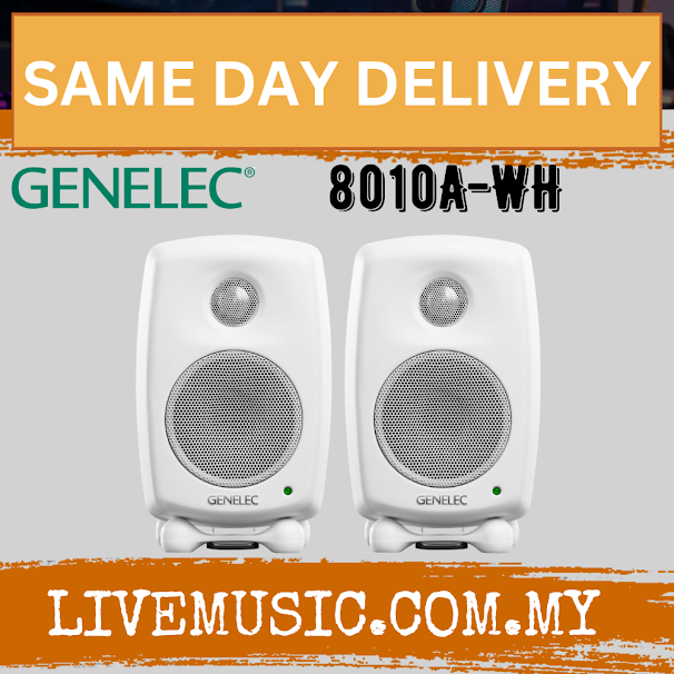 Genelec white active studio monitor speaker pair with 3-inch drivers and front grille