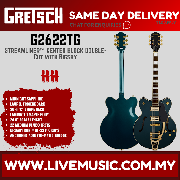Gretsch G2622TG Streamliner Center Block Double-Cut Guitar w/Bigsby, Laurel FB, Midnight Sapphire