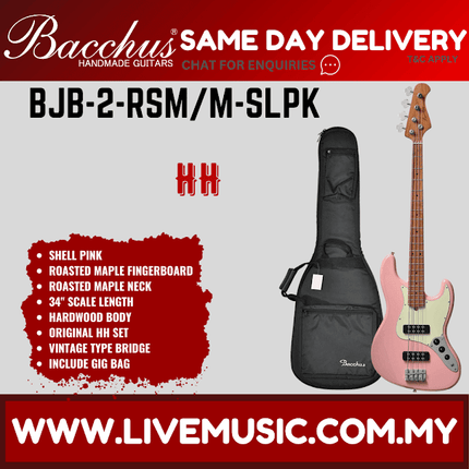 Bacchus BJB-2-RSM/M Jazz Bass HH Guitar - Shell Pink ( BJB2RSM BJB2 RSM )