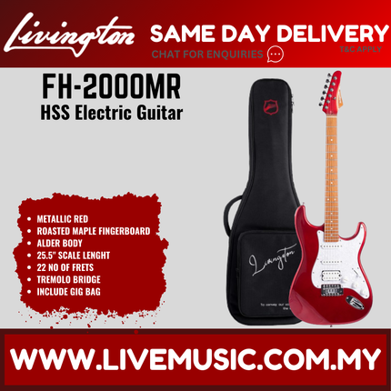 Livingston FH-2000-Pack Stratocaster HSS Electric Guitar w/GA15II Amplifier, Roasted Maple Fretboard -Red ( FH2000 FH 2000 )