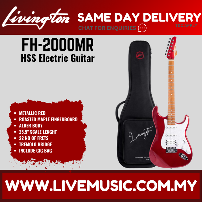 Metallic red electric guitar with HSS pickup, roasted maple fretboard, in black gig bag