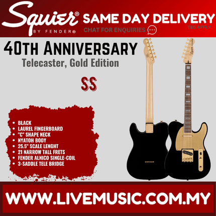 Squier 40th Anniversary Gold Edition Telecaster Electric Guitar, Black