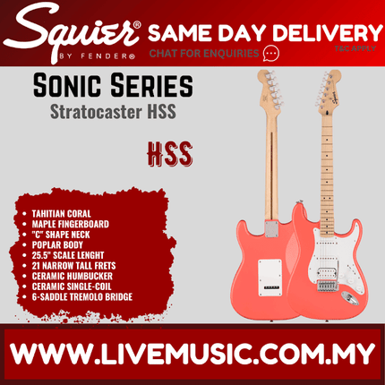 Squier Sonic Stratocaster HSS Electric Guitar w/White Pickguard, Maple FB, Tahitian Coral