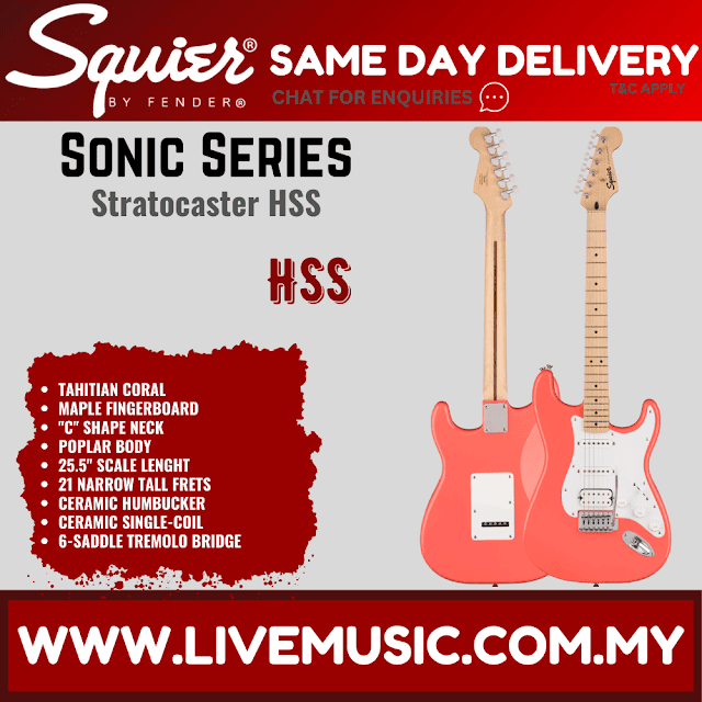 Squier Sonic Stratocaster HSS Electric Guitar w/White Pickguard, Maple FB, Tahitian Coral