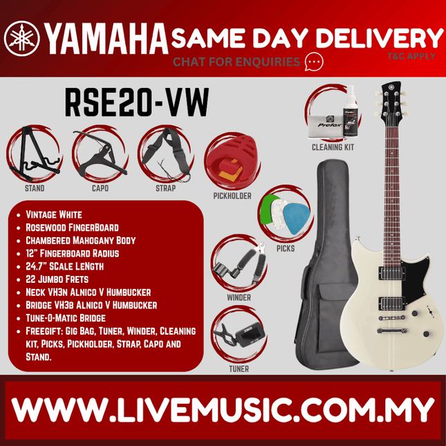 Vintage white Yamaha electric guitar with single-cut body and chrome hardware, seen with accessories