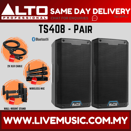 Alto TS408 2000W 8" Powered Speaker w/UG-88HH Wireless Mic, Speaker Stand and Cable - Each / Pair ( TS 408 TS-408 )