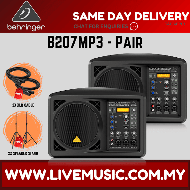 Behringer Eurolive B207MP3 150W 6.5" Personal PA/Monitor Speaker w/Wireless Mic, Speaker Stand and Cable - Pair ( B-207MP3 / B 207MP3 )