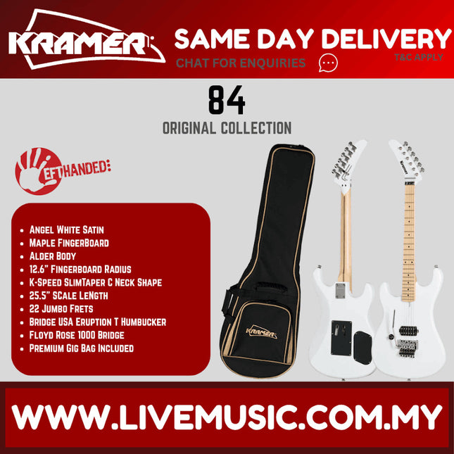 Kramer 84 Left-handed Electric Guitar with Premium Gig Bag - Angel White Satin